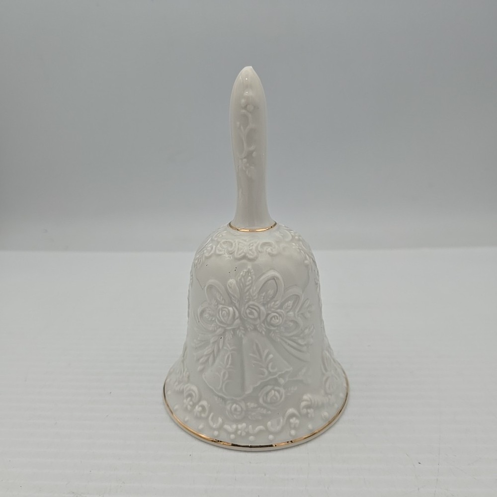 Enesco Vintage Porcelain Wedding Bell Embossed Gold Trim Floral Cream E9010